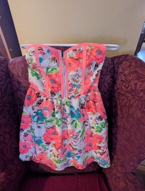 bebe Coral & Green Smocked Swim Top